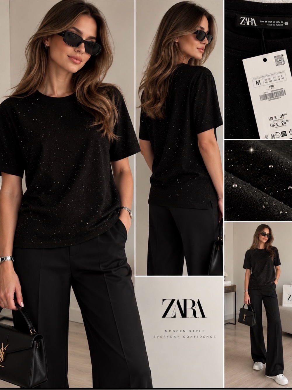 Zara Black Sparkle Short-Sleeve Tee - M
